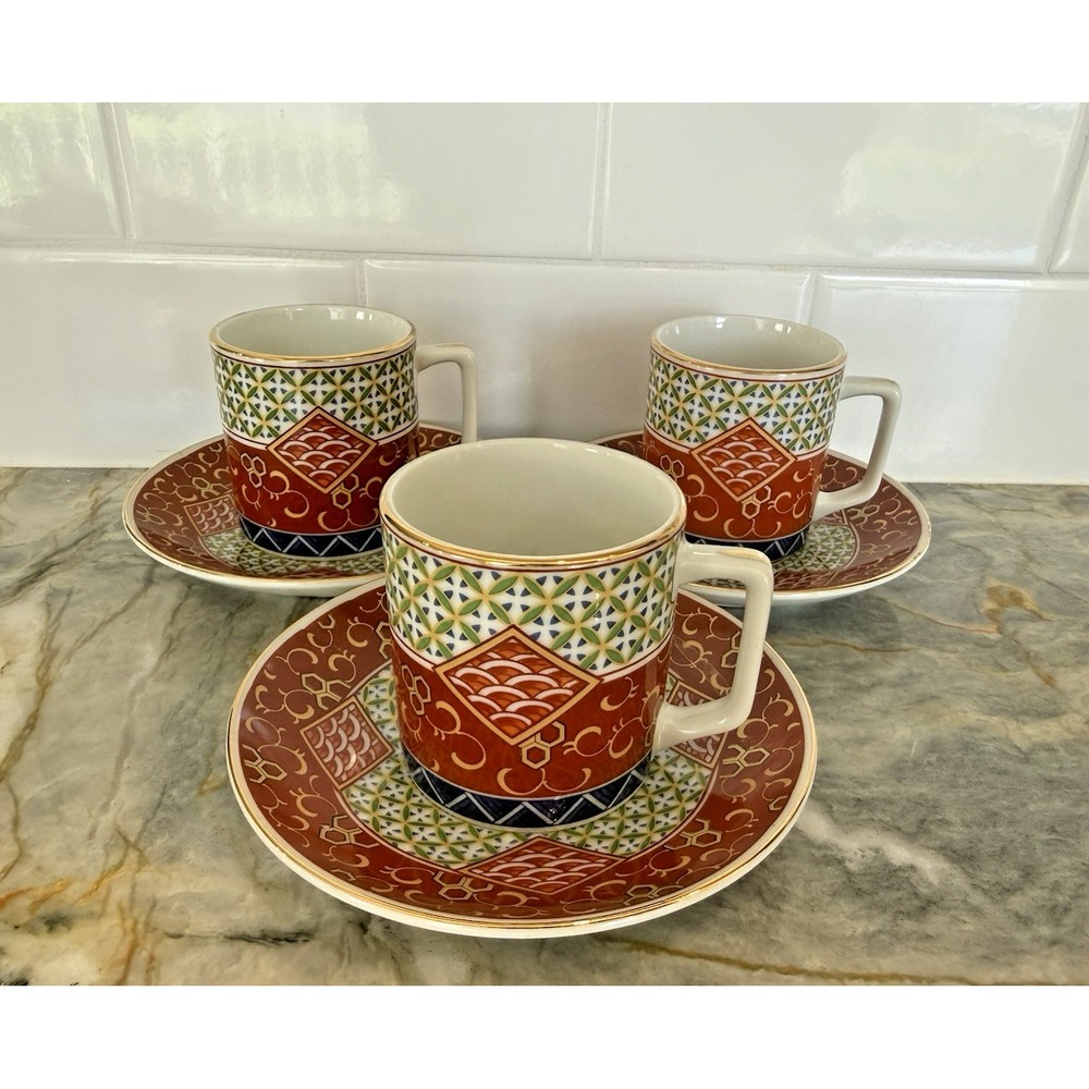 Williams Sonoma Imari Espresso Demitasse Cups, Saucers Set Of 3 Geometric Floral